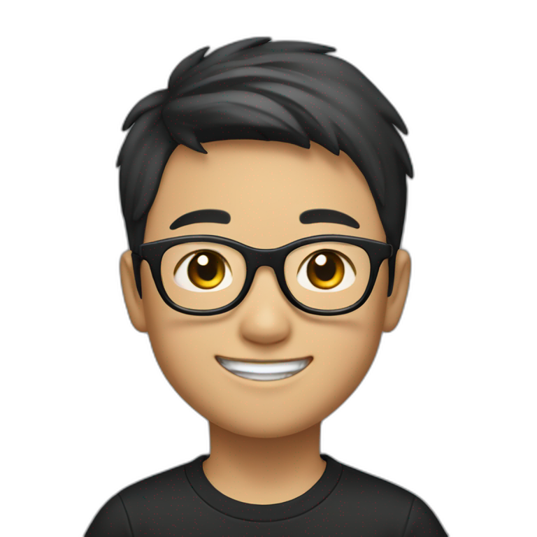 The young Chinese boy smiled with short hair, black-rimmed glasses and a black T-shirt. emoji