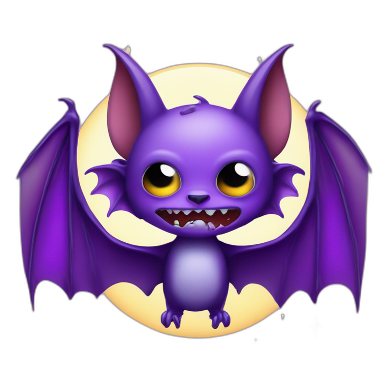 purple and black mad face vampire bat cartoon sparkle eyes wings flying in front of large dripping crescent moon emoji