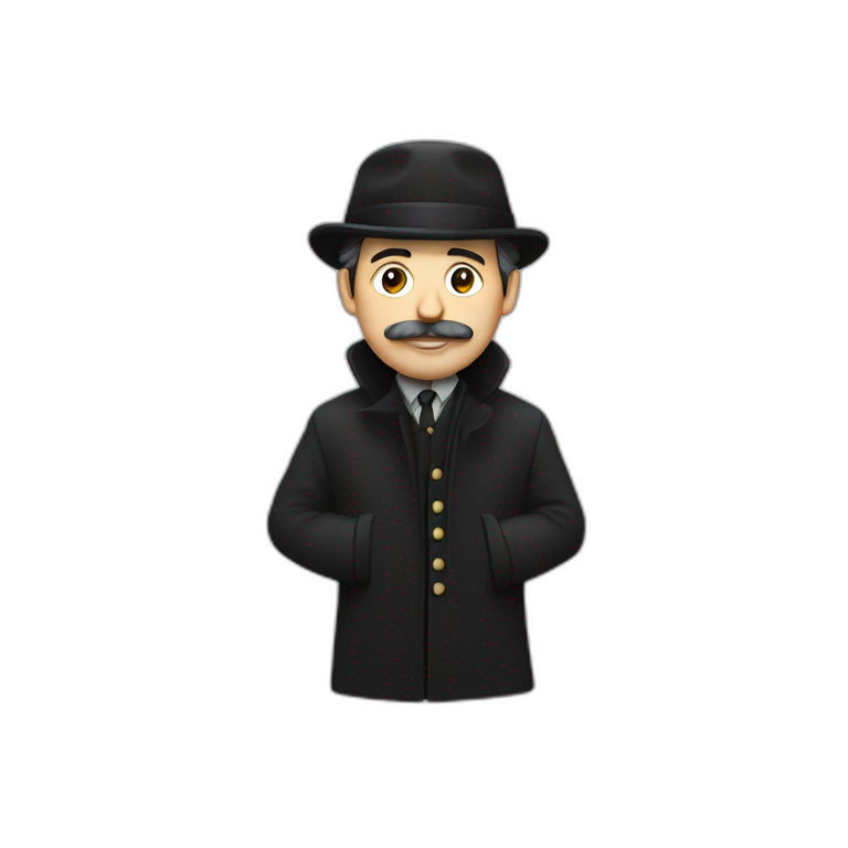 man in black coat, grey Irish cap, moustache and small beard emoji