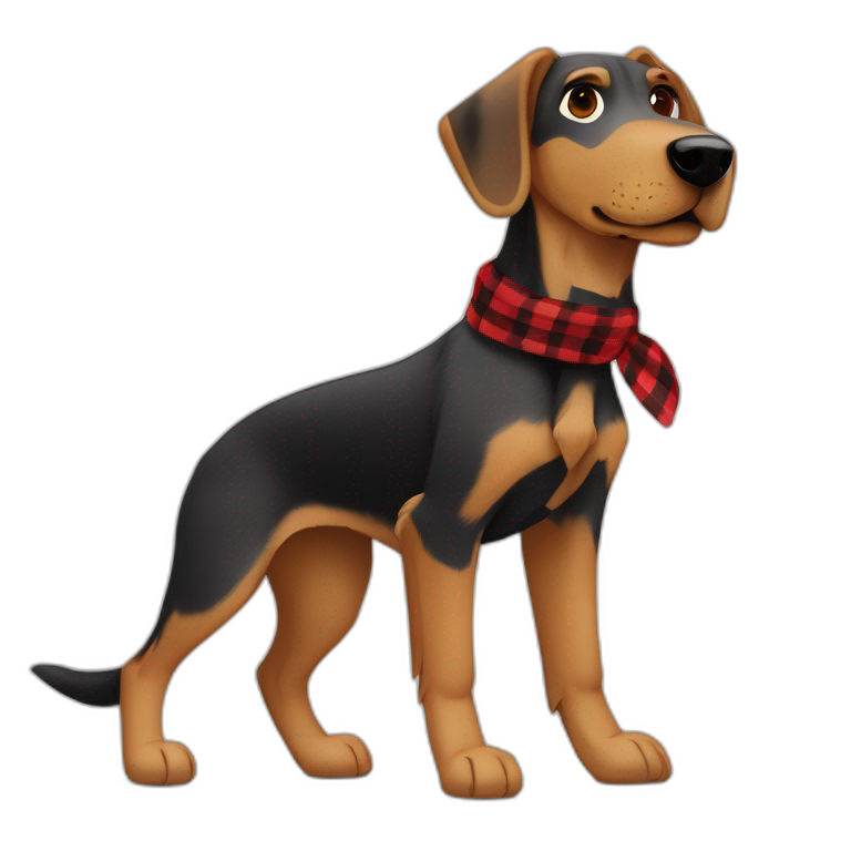 adult 75% Coonhound 25% German Shepherd mix dog with visible tail wearing small pointed red buffalo plaid bandana full body walking left quickly emoji