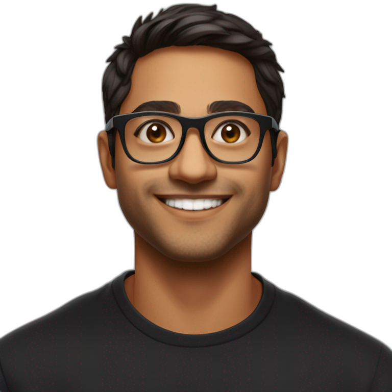25 year old indian silicon valley creator economy startup founder smiling wearing glasses in a black tshirt with broad shoulders profile photo wearing keyhole bridge glasses emoji