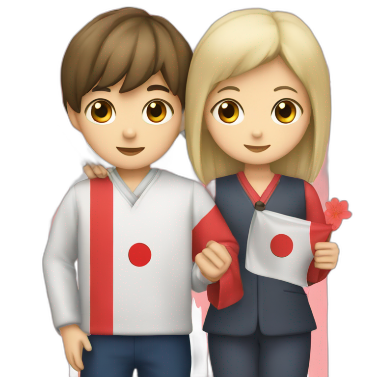 boy and girl holding Japanese flag emoji