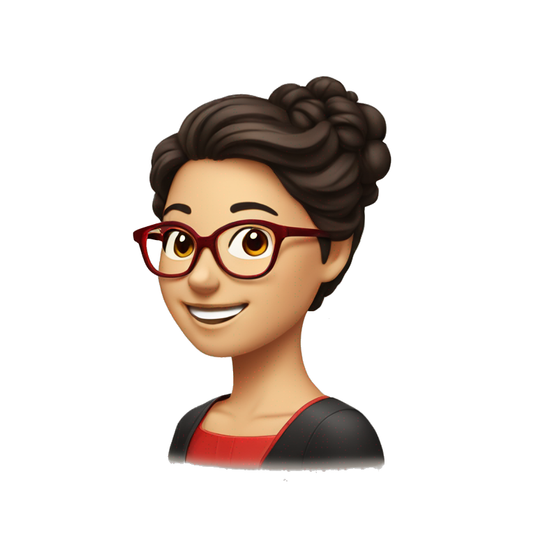 person with dark brown hair with a pronounced bust, updo and hair with red glasses, perfect smile, smiling in profile, with thoughts about chemistry emoji