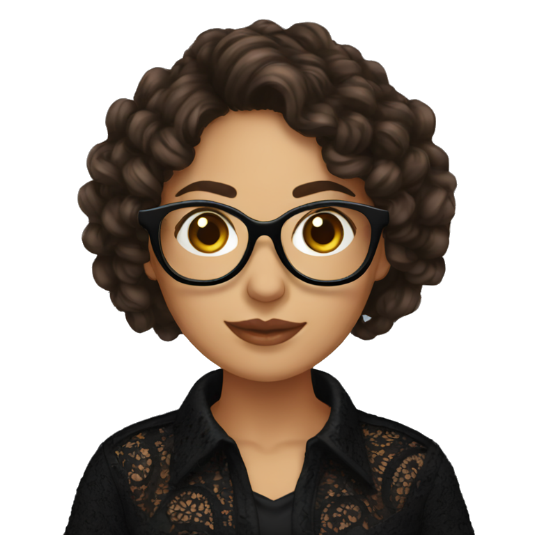 Hispanic woman with black glasses and long brown curly hair holding yarn wearing a black lace shirt emoji
