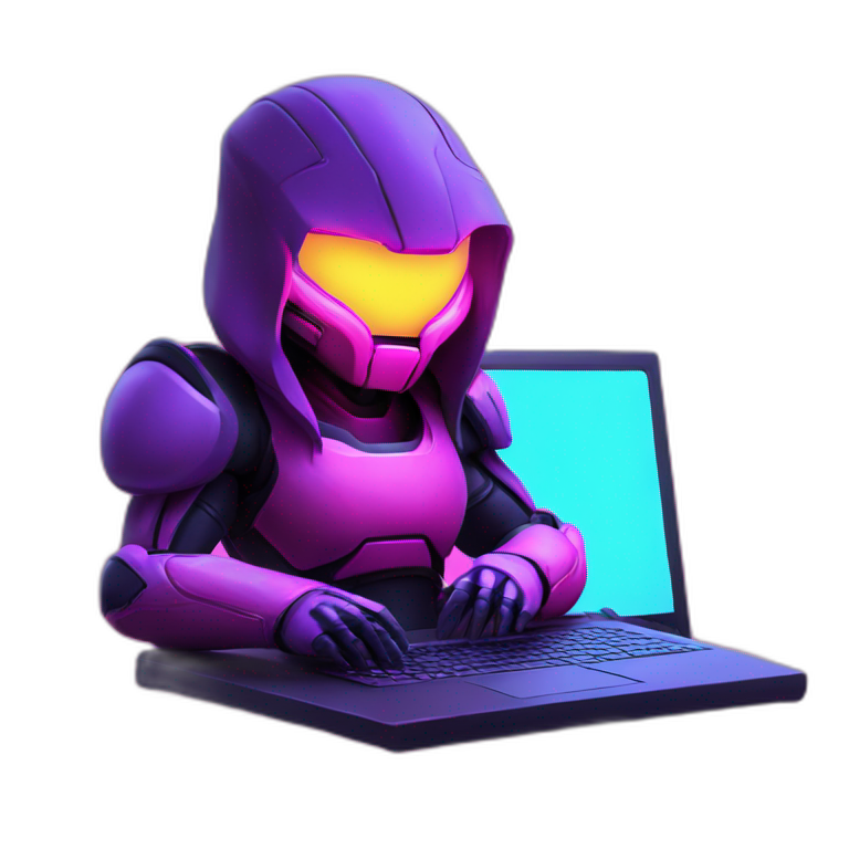 Girl developer behind his laptop with this style : Nintendo Samus Video game neon glowing bright purple character pink black hooded hacker themed character emoji