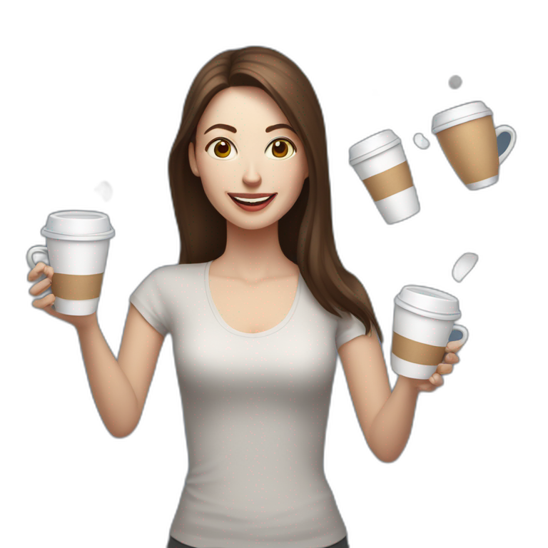 woman juggler with long straight brown hair and pale skin juggling three coffee cups and two miniature laptops in the air emoji