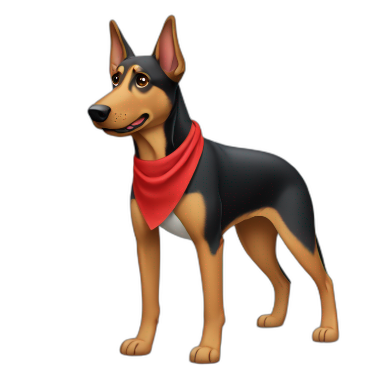Coonhound/German Shepherd dog wearing small plain red bandana walking with left floppy ears emoji