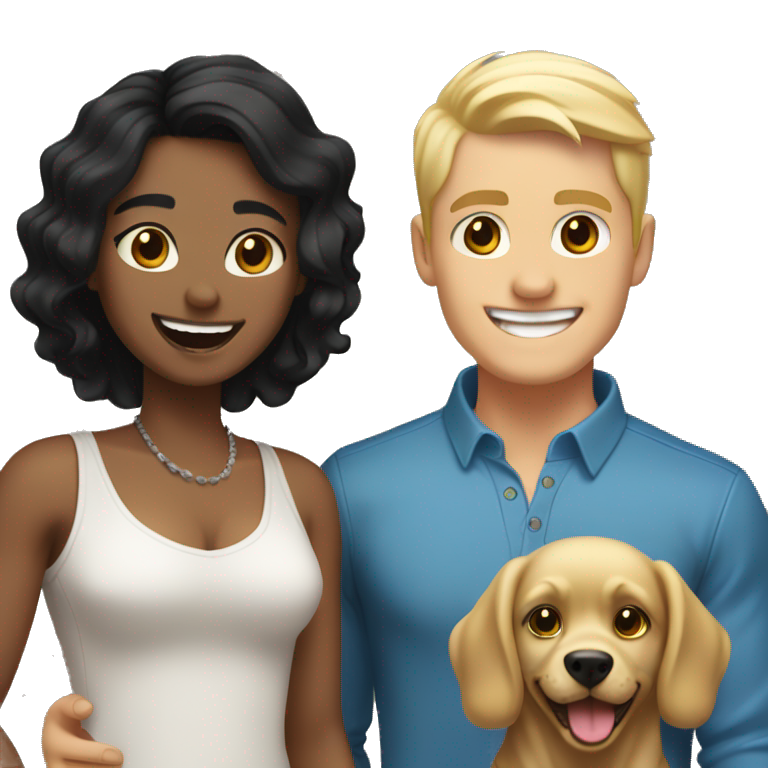 Gay couple, 1 Latino black hair and 1 Australian blonde hair with a dog in the middle laughing full body emoji