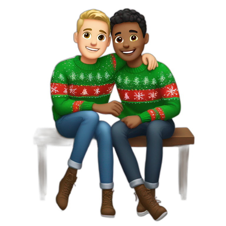young gay couple in christmas sweathers sitting emoji