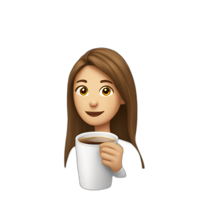 woman with pale skin and brown long thin straight hair wearing a white woolly shirt and wearing a coffee cup as a hat emoji