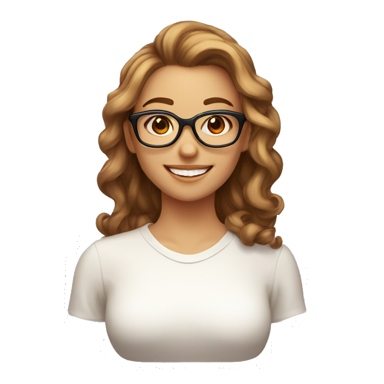 person with light brown hair with a pronounced bust, updo hairstyle with red glasses, perfect smile, smiling in profile, with thoughts of chemistry emoji