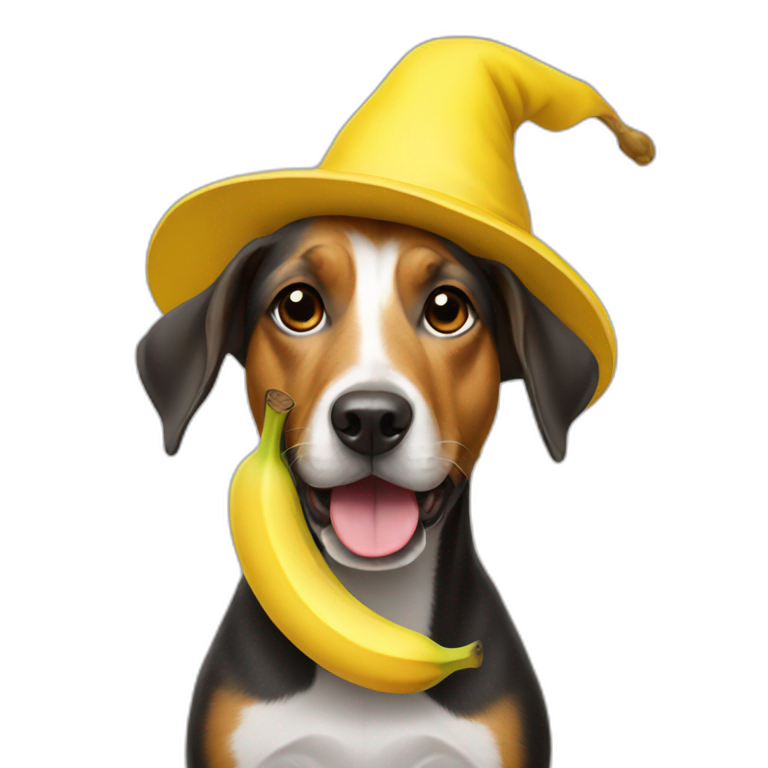 Dog wearing a banana hat emoji