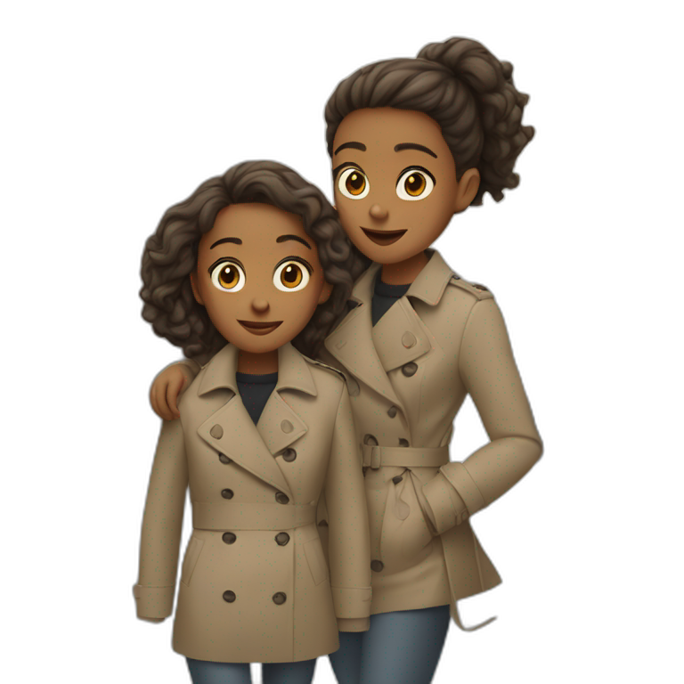 Two girls make a shoulders ride of anoteher in one trench coat emoji