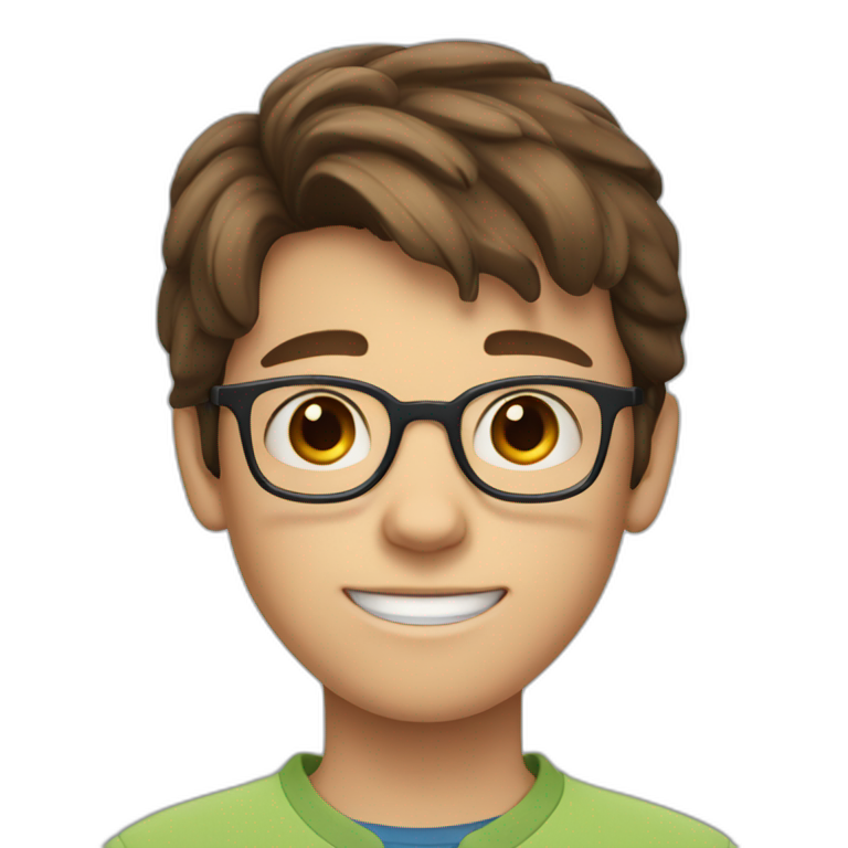 11 year old boy with brown hair and blue eyes with glasses as a fortnight charater emoji