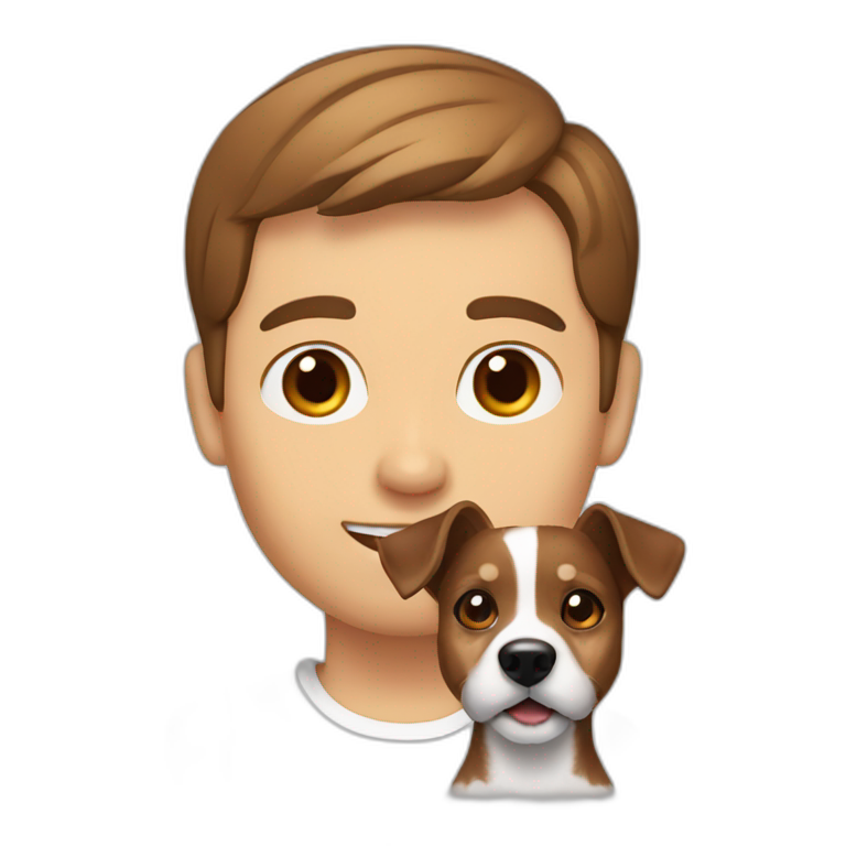 Man with modern cut brown hair with jack russell terrier dog emoji