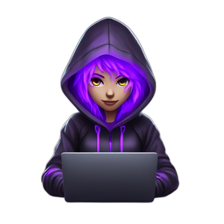 Girl developer behind his laptop with this style : Crytek Crysis Video game neon glowing bright purple character purlple black hooded hacker themed character emoji