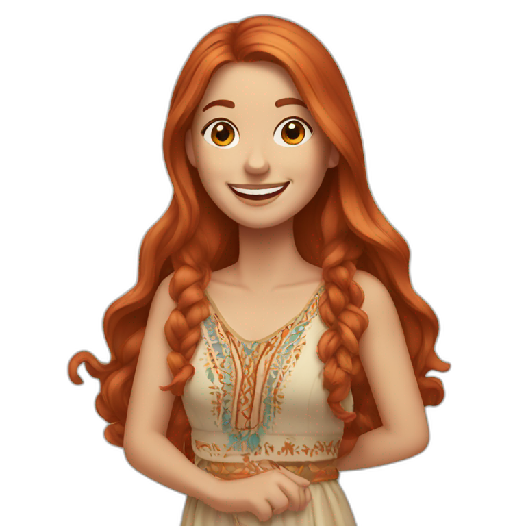 long hair redhead woman, smiling, wearing boho dress emoji