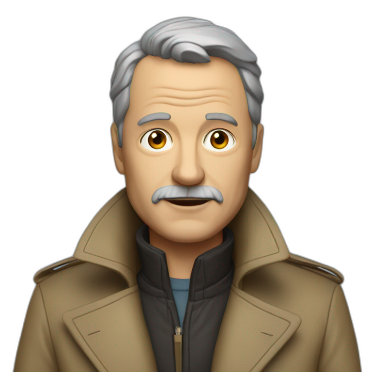 Middle-aged man in a trench coat with a leather fur collar emoji