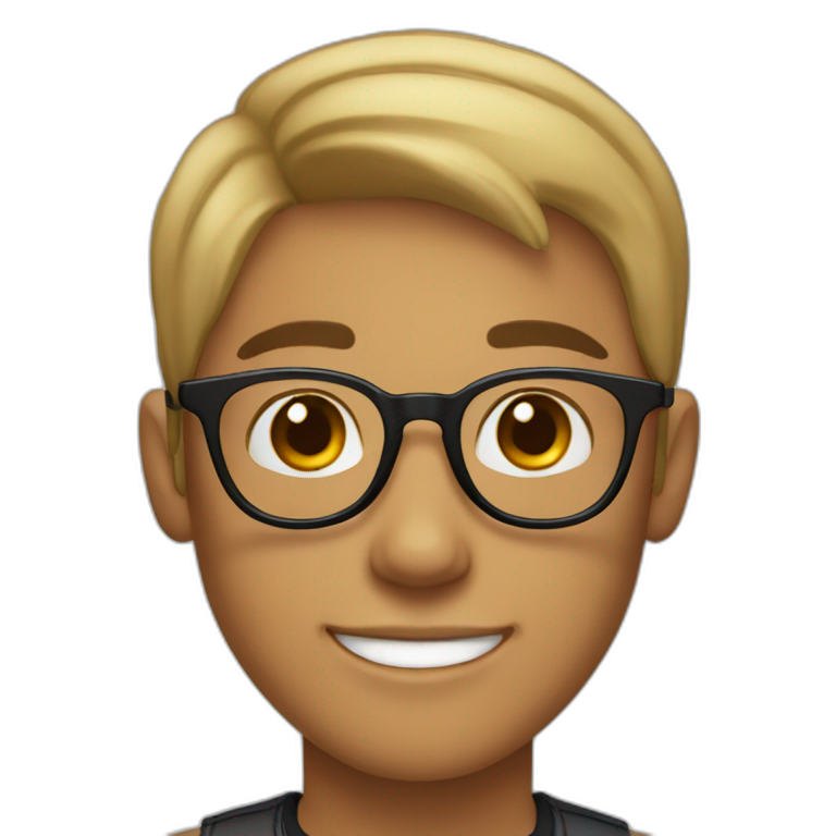 A light skin boy with short hair and light skin wearing small black-rimmed round glasses smiling emoji