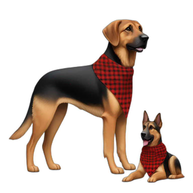 75% Coonhound 25% German Shepherd mix dog wearing small pointed red buffalo plaid bandana side view full body facing left emoji