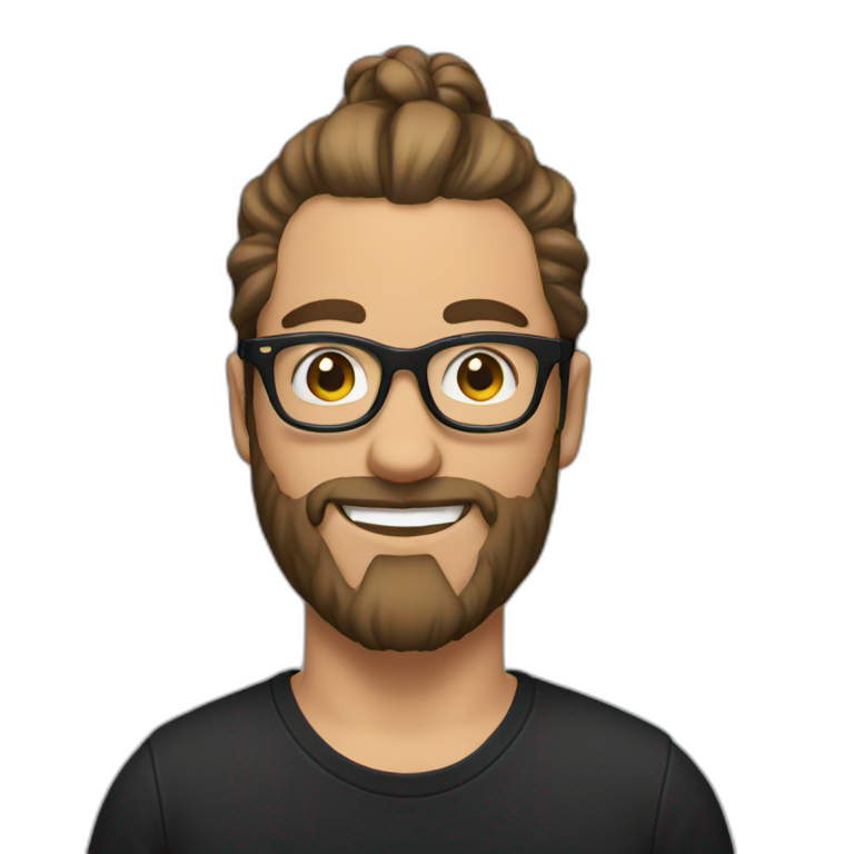 White Man with clear glasses with brown hair and a black tshirt and a man bun and beard emoji