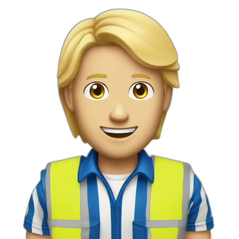 Ikea coworker blue eyes blond manager man blue stripes t-shirt and yellow security vest emoji