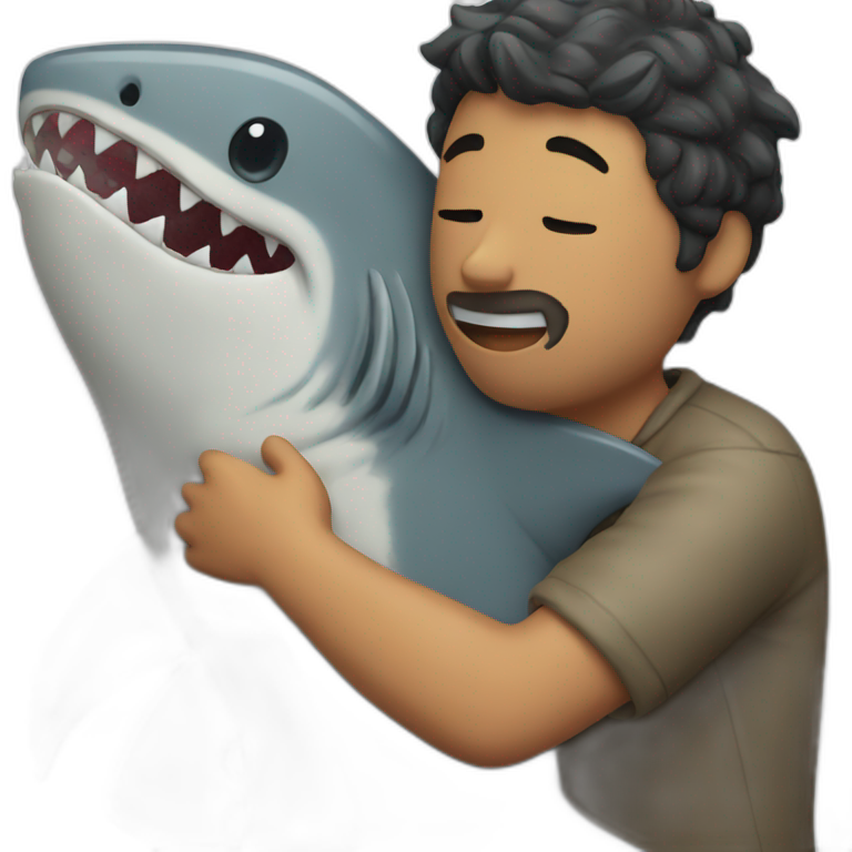 Man hugging a shark emoji