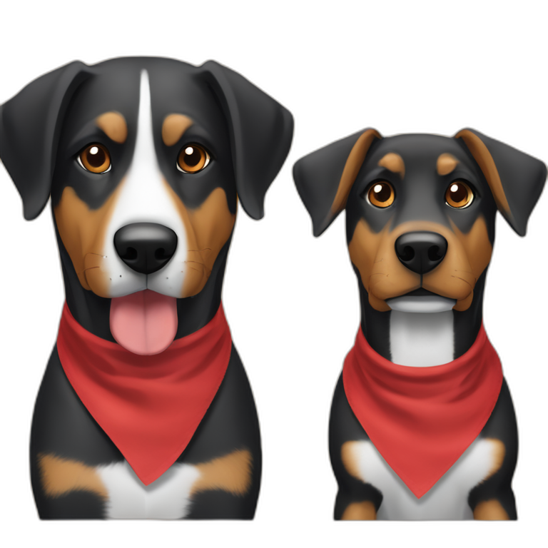 Coonhound and German Shepherd mix dog wearing small plain red bandana walking with left floppy ears emoji