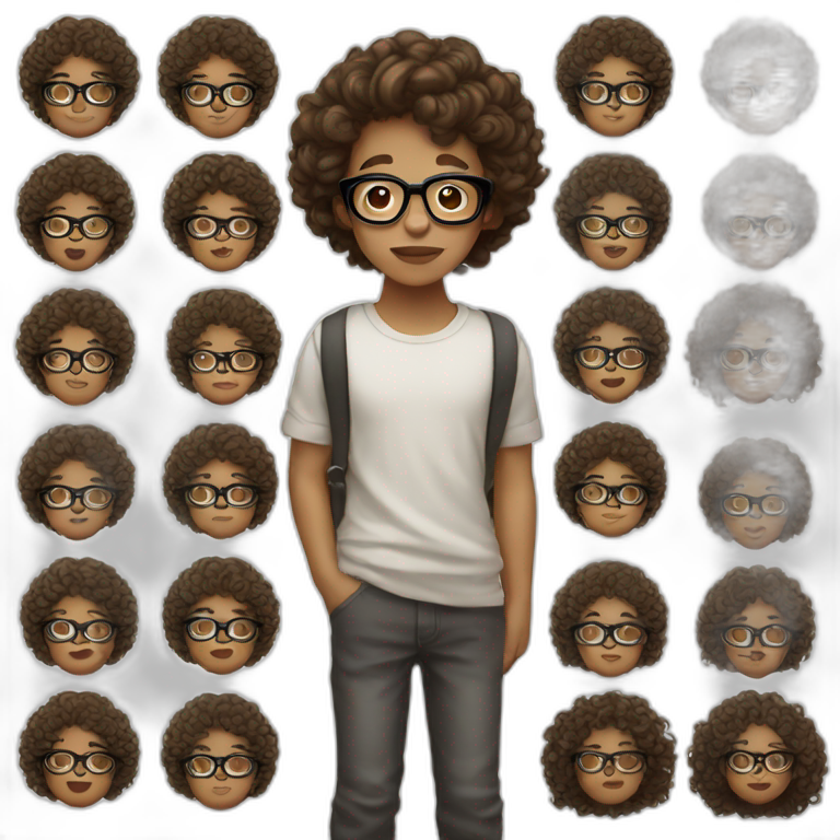 boy with curly brown hair big lips and black glasses and white skin tone emoji