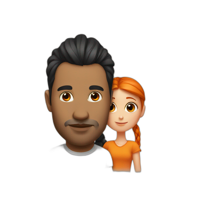 Man with black hair bun kissing a girl with orange hair emoji