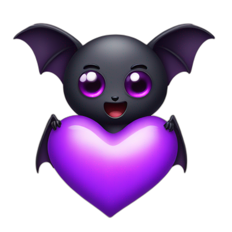 black bat with white eyes holding purple heart emoji