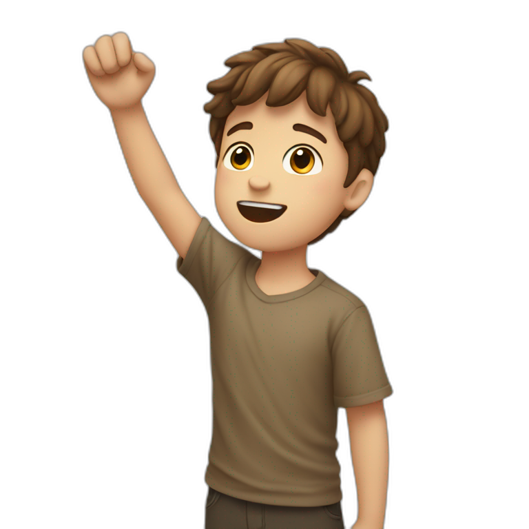 young boy raising his arms, white skin, brown hair emoji