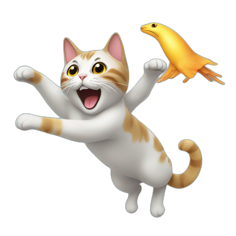 Cat flying like a bird in the space with an dancing alien emoji