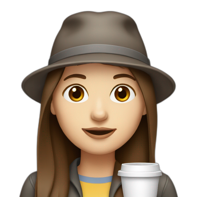 woman with long straight brown hair and pale skin and wearing a laptop hat and drinking coffee emoji