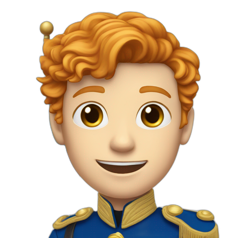 A male ginger of 15yo in royal uniform waving a tricolour flag, with purle on top, white in the middle and blue underneath it. emoji