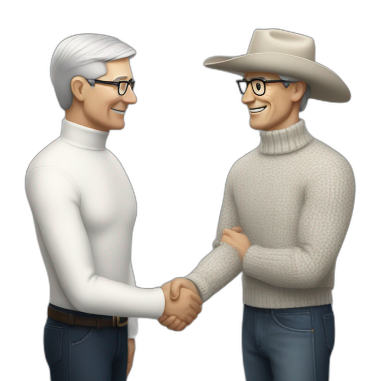 Tim Cook in turtle neck shaking hands with a white cowboy emoji