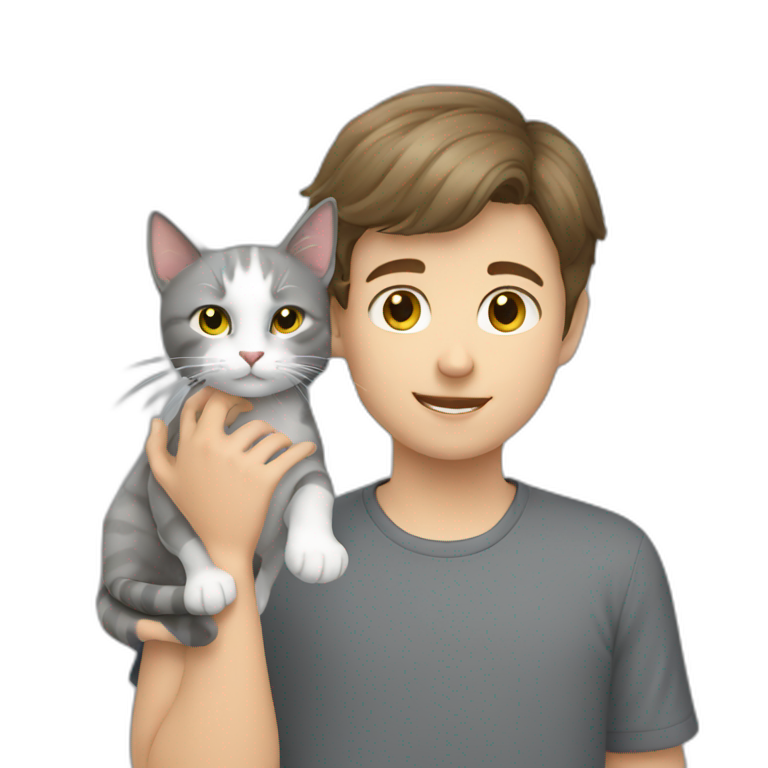 White brunette boy petting grey cat emoji