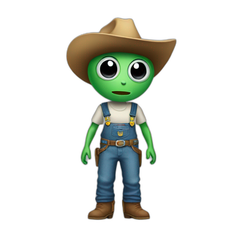 alien wearing a cowboy hat and overalls emoji
