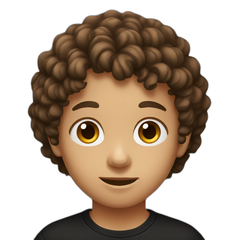 Young boy with brown curly hair and black tee shirt  emoji