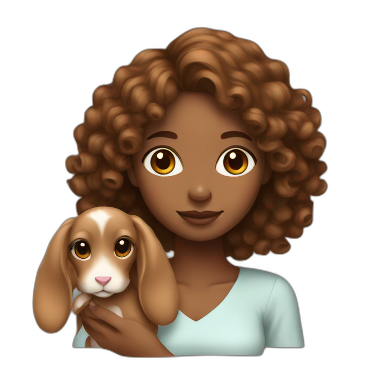 black woman long brown curly hair holding cute floppy eared light brown bunny emoji
