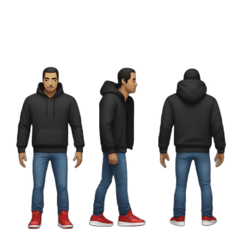 white male adult, Long black hair, Black hoodie, Blue Jeans, Red Air Jordans emoji