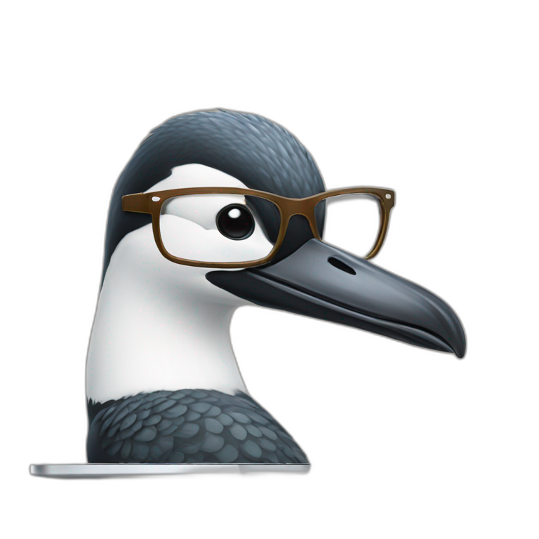 a minnesota loon coding on a macbook wearing glasses emoji
