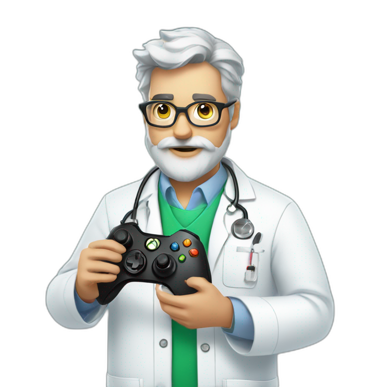 Grey beard in lab coat with Xbox controller emoji