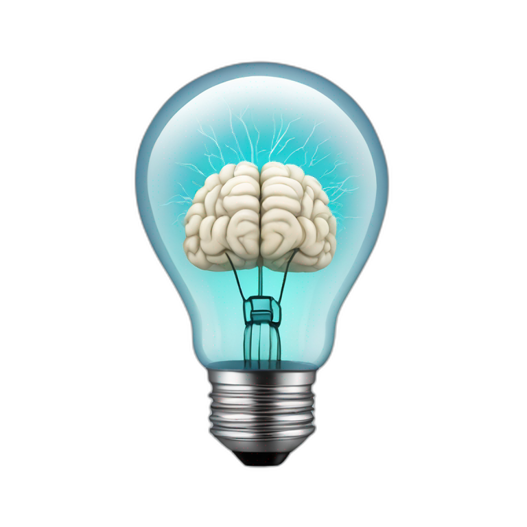 Light bulb with the filament in the shape of a brain emoji