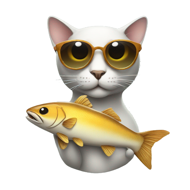 cat wearing sunglasses holding up a big fish emoji