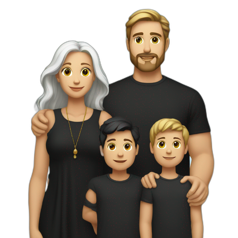 Daddy with white skin wear black shirt and his wife with same skin tone wear black long blaus and wear black shawl also his son wear black tshirt emoji