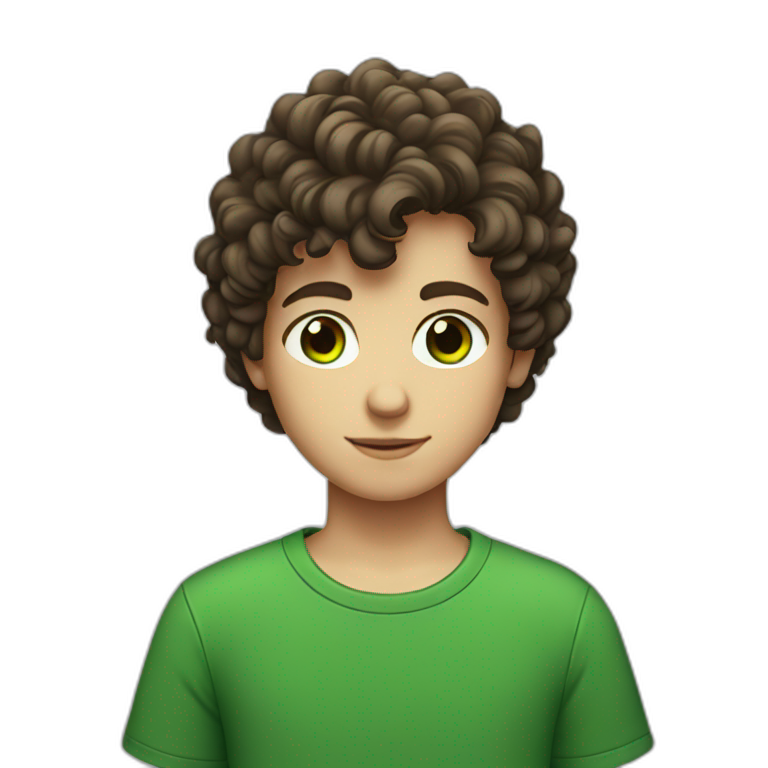 Young boy with short brown curly hair and black tee shirt and green eyes emoji