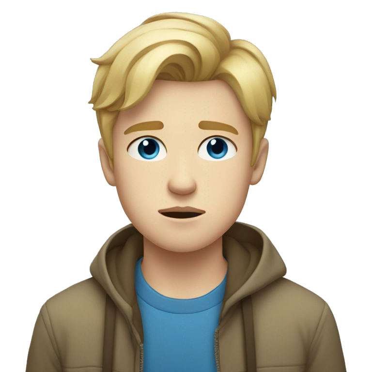 Blond teen boy with medium short hair, blue eyes, glum emoji