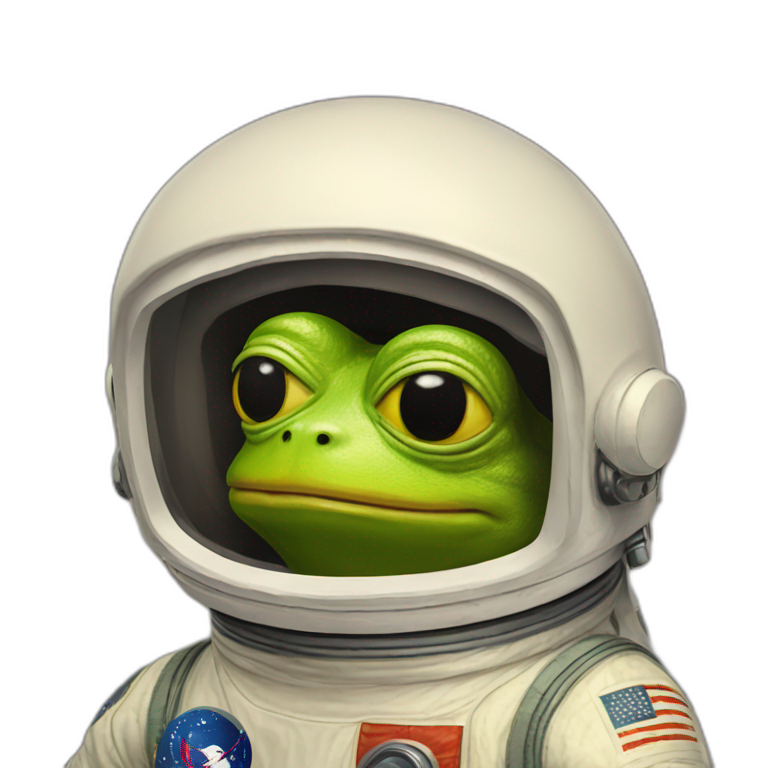 yellow pepe frog with astronout suite and M logo  emoji