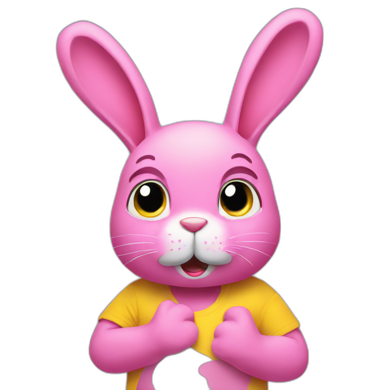 Pink rabbit in yellow teeshirt shrugging arms emoji